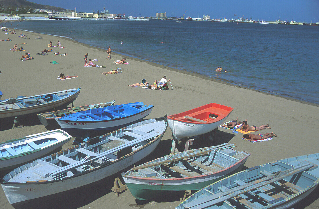 Playa de las Alcaravaneras, Boote, Las Palmas de Gran Canaria Gran Canaria, Kanarische Inseln