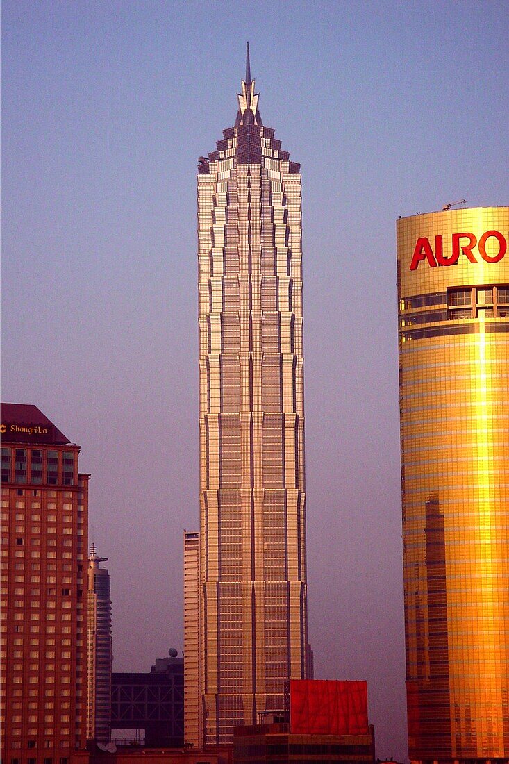Hochhäuser und Jin Mao Gebäude im Abendlicht, Pudong, Shanghai, China, Asien