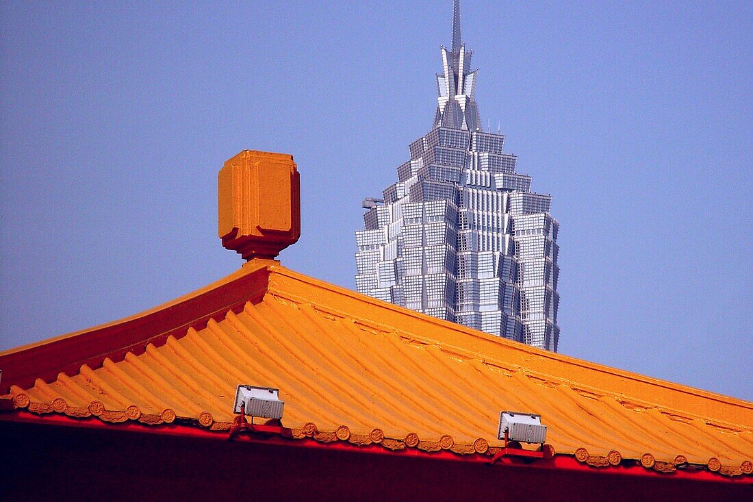 Roof and Jin Mao tower in the sunlight, Shanghai, China, Asia