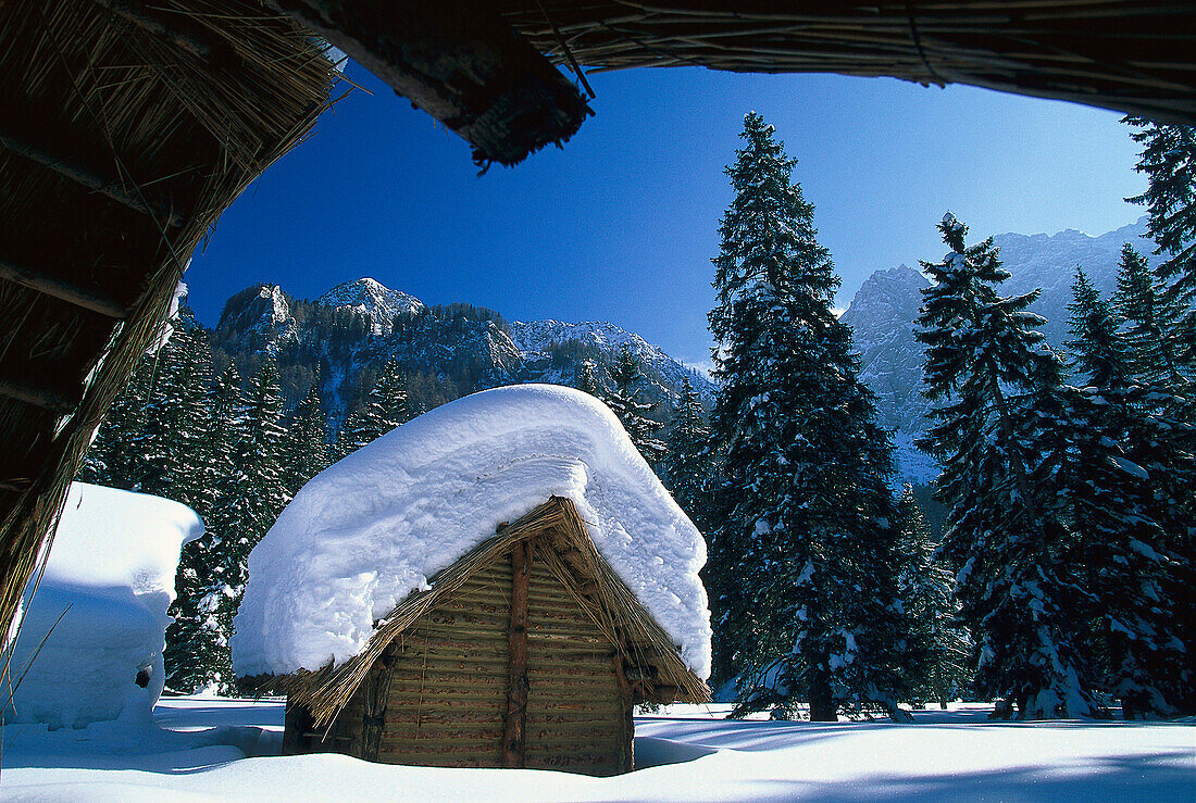 Winter landscape with wooden cabin, Stone Age Village, Maerchenwiese, Bodental, Loiblpass, Carinthia, Austria