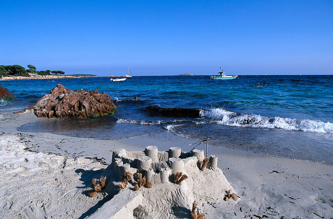 Sand castle at the sandy beach, Plage de Palambaggio, Corsica, France