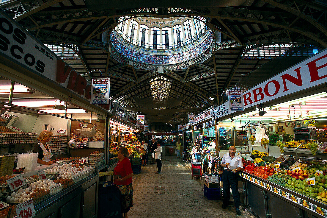 Market hall with fruit and vegetable stalls, Mercado Central, Valencia, Spain
