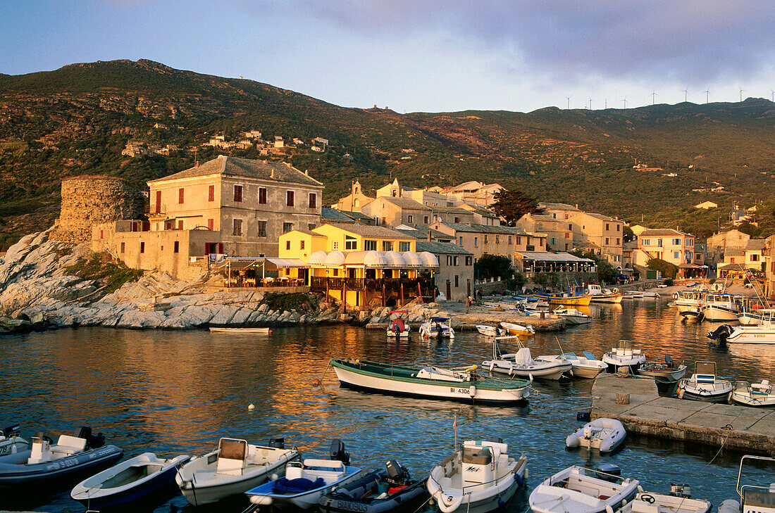 Centuri Hafen mit Restaurants, Cap Corse, Korsika, Frankreich