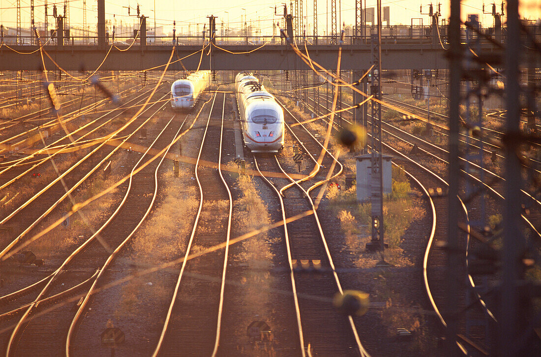 Railway tracks with an Intercity Express Train, ICE, near Munich Central Station, Muenchen Hauptbahnhof, Bavaria, Germany, Transport