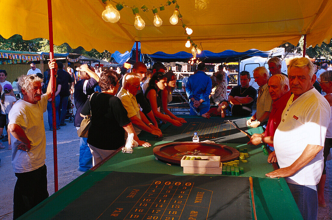 Open air roulette, market, Casamaccioli, Corsica, France