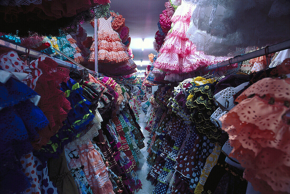 Flamenco dresses at a taylor shop, Sevilla, Andalusia, Spain, Europe