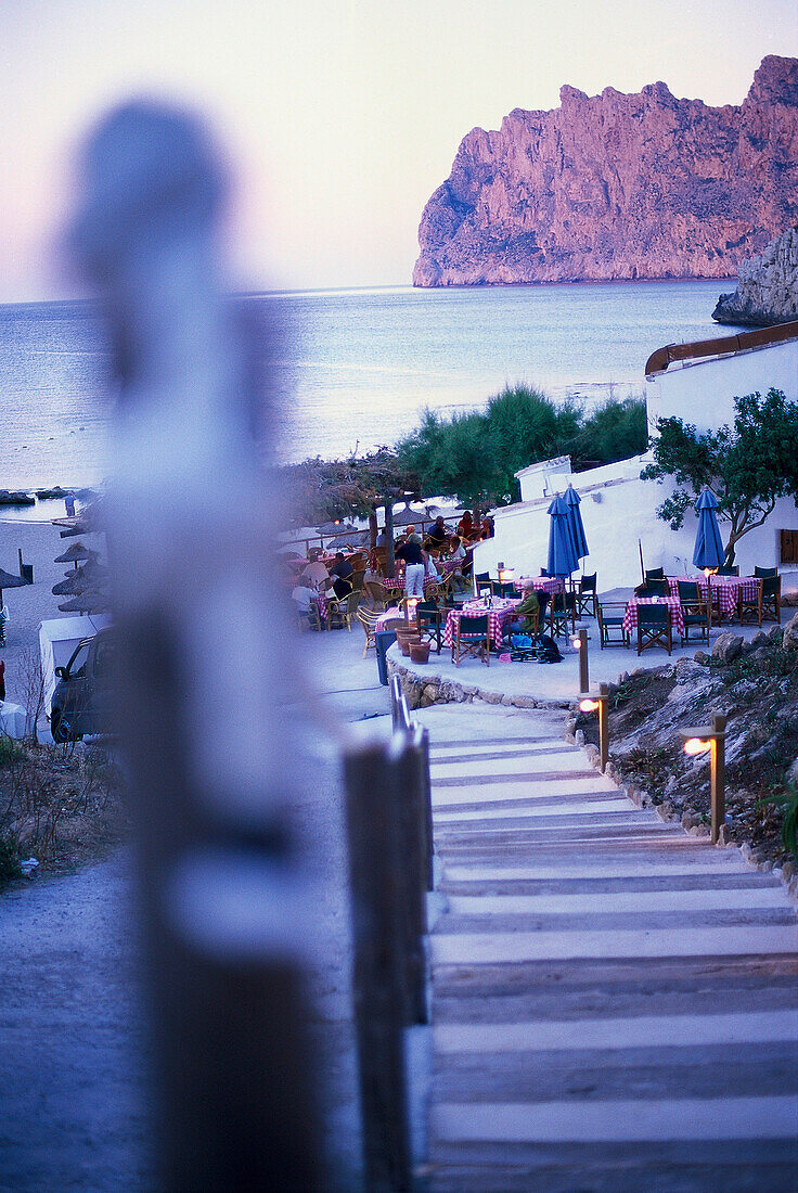 Beach restaurant in the evening light, Cala San Vicente, Majorca, Balearic Islands, Spain