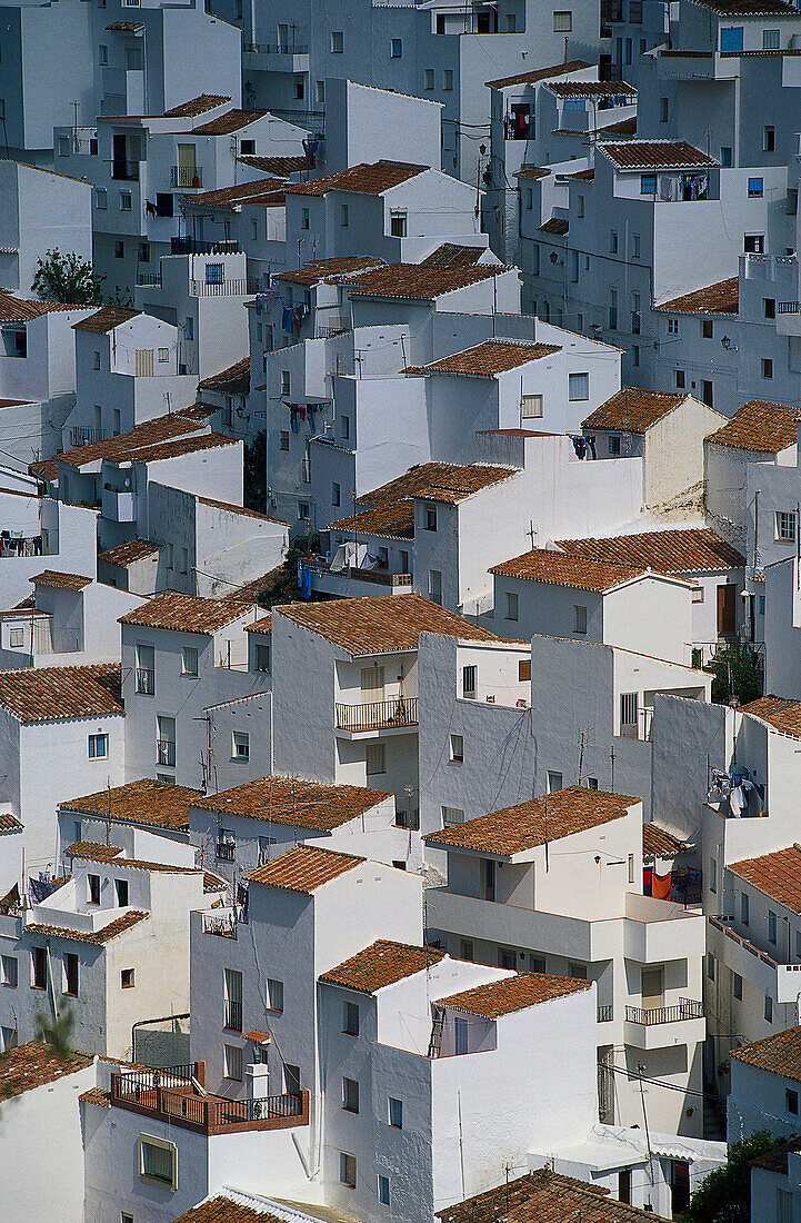 Blick auf weiße Häuser und Dächer, Casares, Provinz Malaga, Andalusien, Spanien, Europa