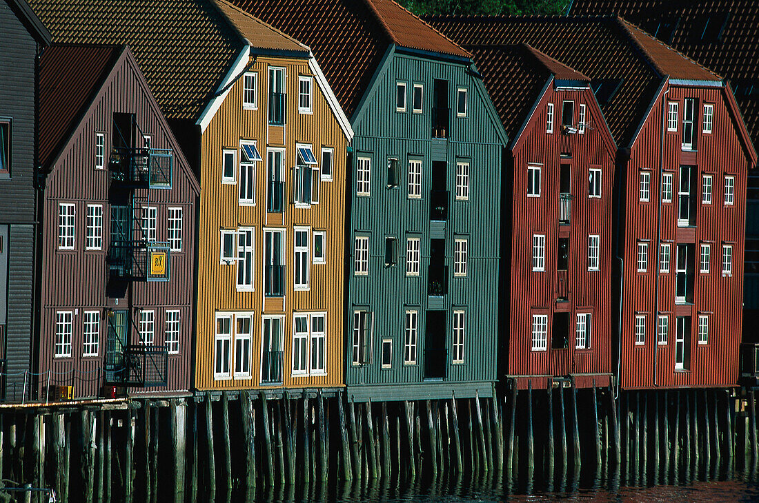 Old, colourful storehouses, Trondheim, South Trondelag, Norway