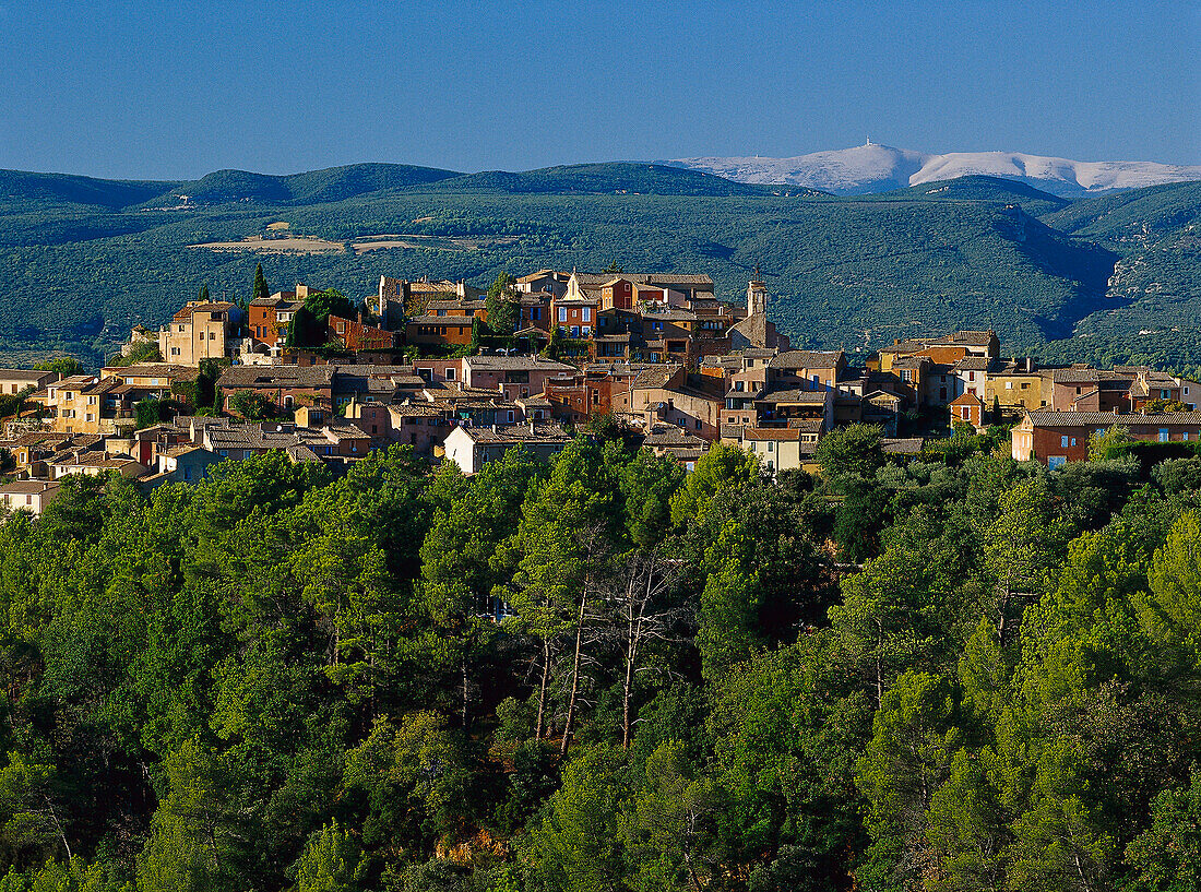 Roussillon und Mont Ventoux im Sonnenlicht, Vaucluse, Provence, Frankreich, Europa