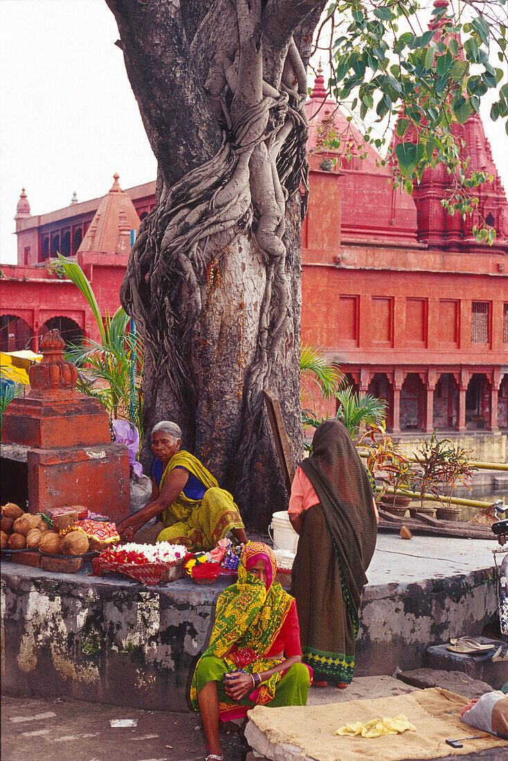 Frauen verkaufen Blumen vor dem Durga Tempel, Varanasi, Benares, Uttar Pradesh, Indien, Asien