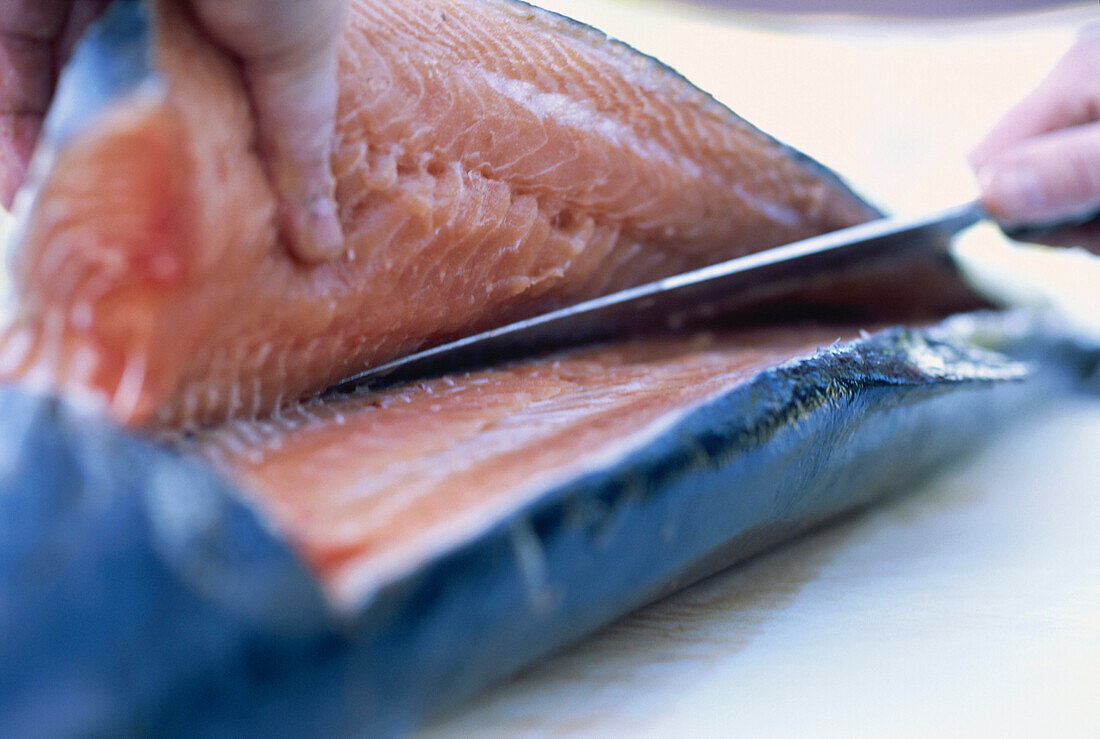 Mann filetiert einen Fisch, Lachs, Filetieren, Nord Trondelag, Norwegen