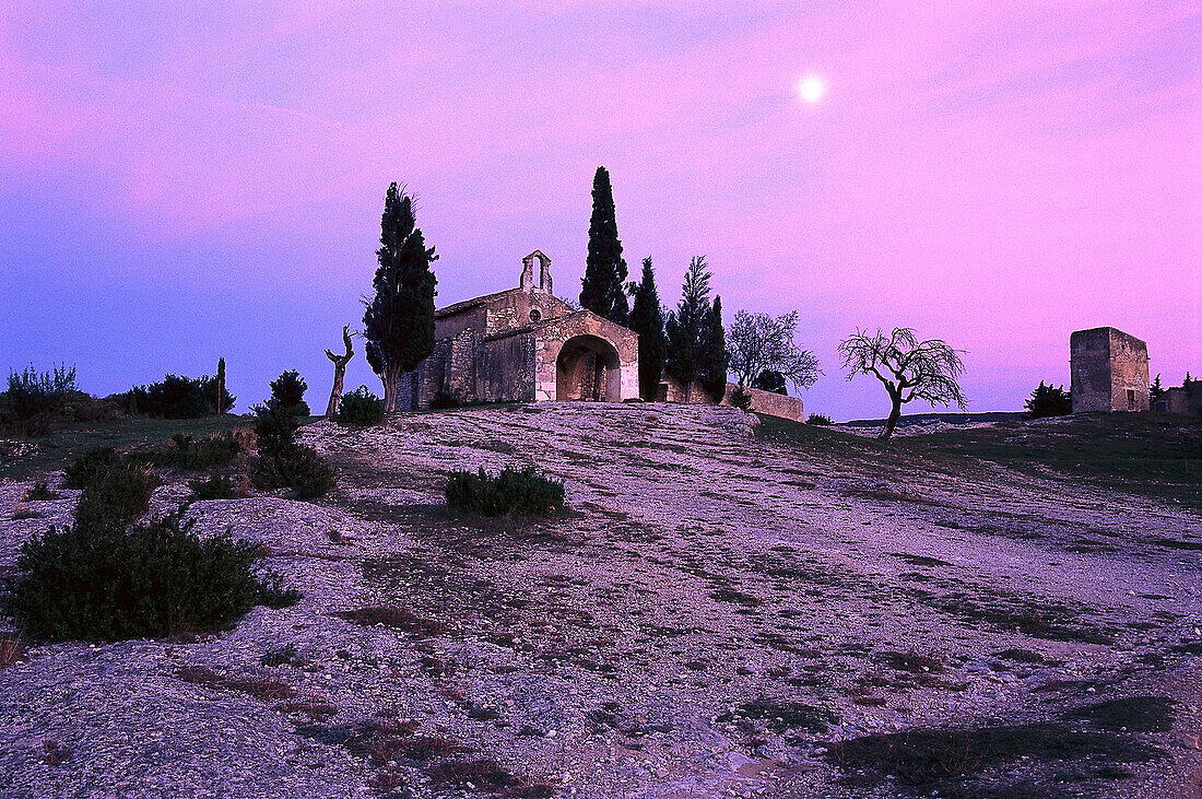 St. Sixte chapel in the afterglow, Bouches du Rhone, Provence, France, Europe