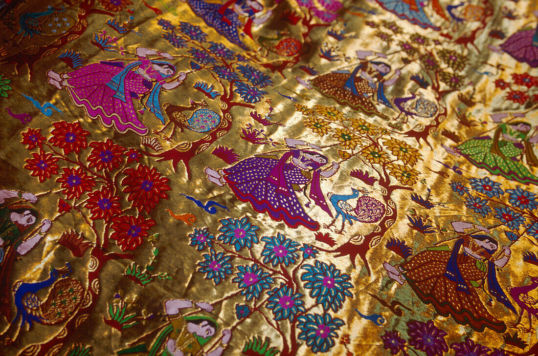 Colourful figured silk cloth, India, Asia
