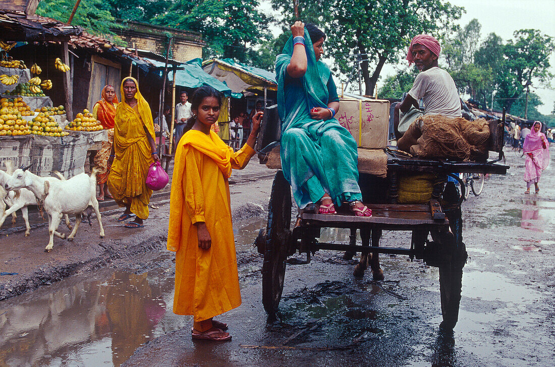 Frauen auf dem Markt, Bus, Monsun, Muzaffarpur Bihar, Indien