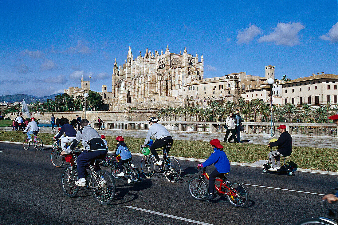 A group of cyclists, Cathedral of Santa Maria of Palma, Palma Cathedral, Cathedral La Seu in the background, Palma de Mallorca, Mallorca, Spain