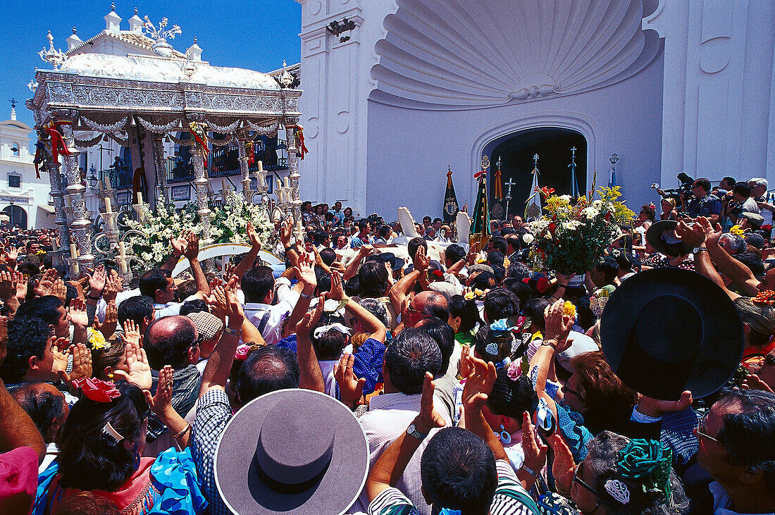 Pilgrims in front of pilgrimage church Ermita del Rocio, El Rocío, Andalusia, Spain, Europe