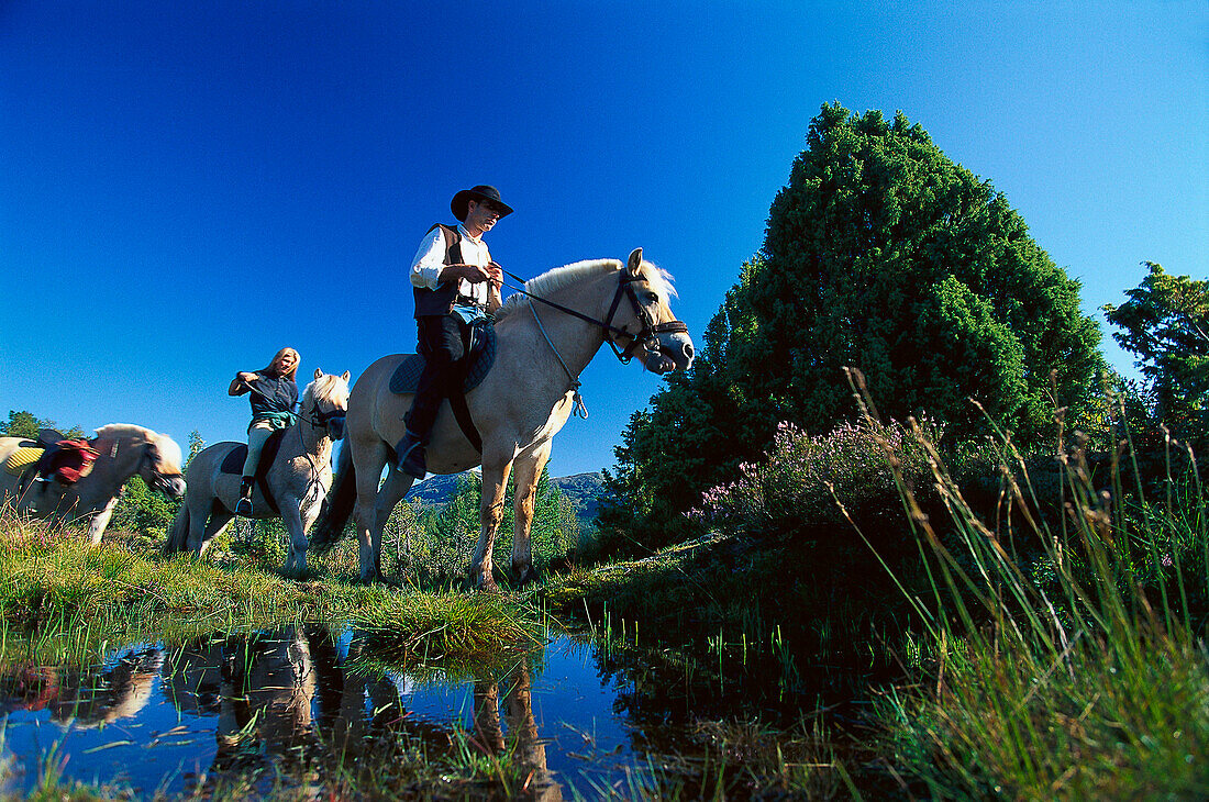 Paar beim Pferdereiten bei Fjell, Northfjord, Norwegen