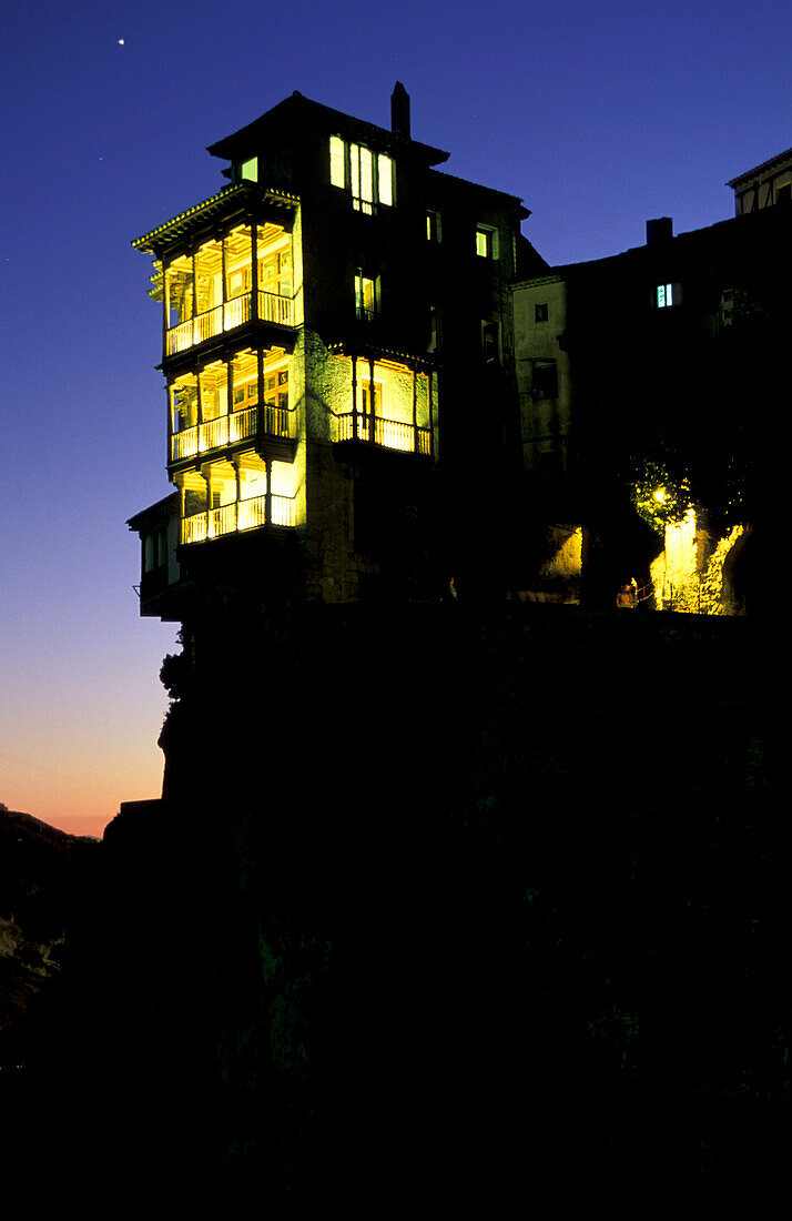 Hanging houses at night, hanging over a gorge, Casas Colgadas, Cuenca, Huecar canyon, Castilla-La Mancha, Spain