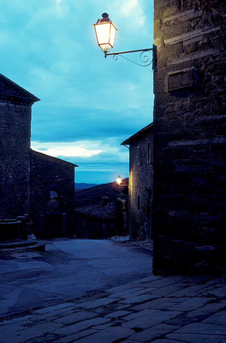 Streets of old town in the evening, Volpaia near Radda, Chianti, Tuscany, Italy
