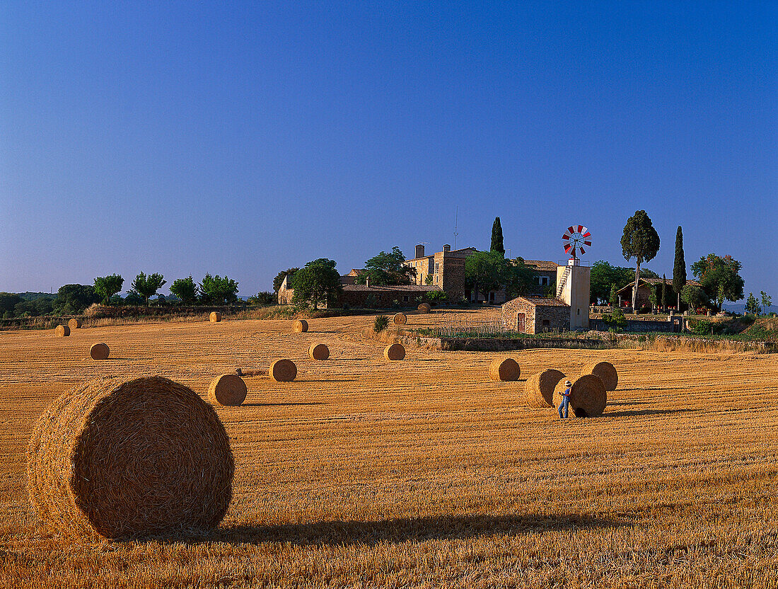 Country house and bales of hay near Lloret de Mar, Costa Brava, Prov. Girona, Catalonia, Spain