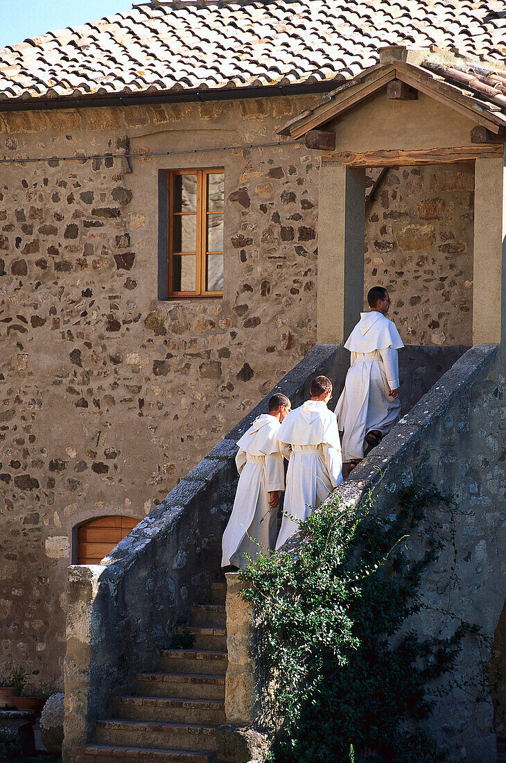 Drei Mönche gehen ins Kloster, San Antimo, Montalcino, Toscana, Italien