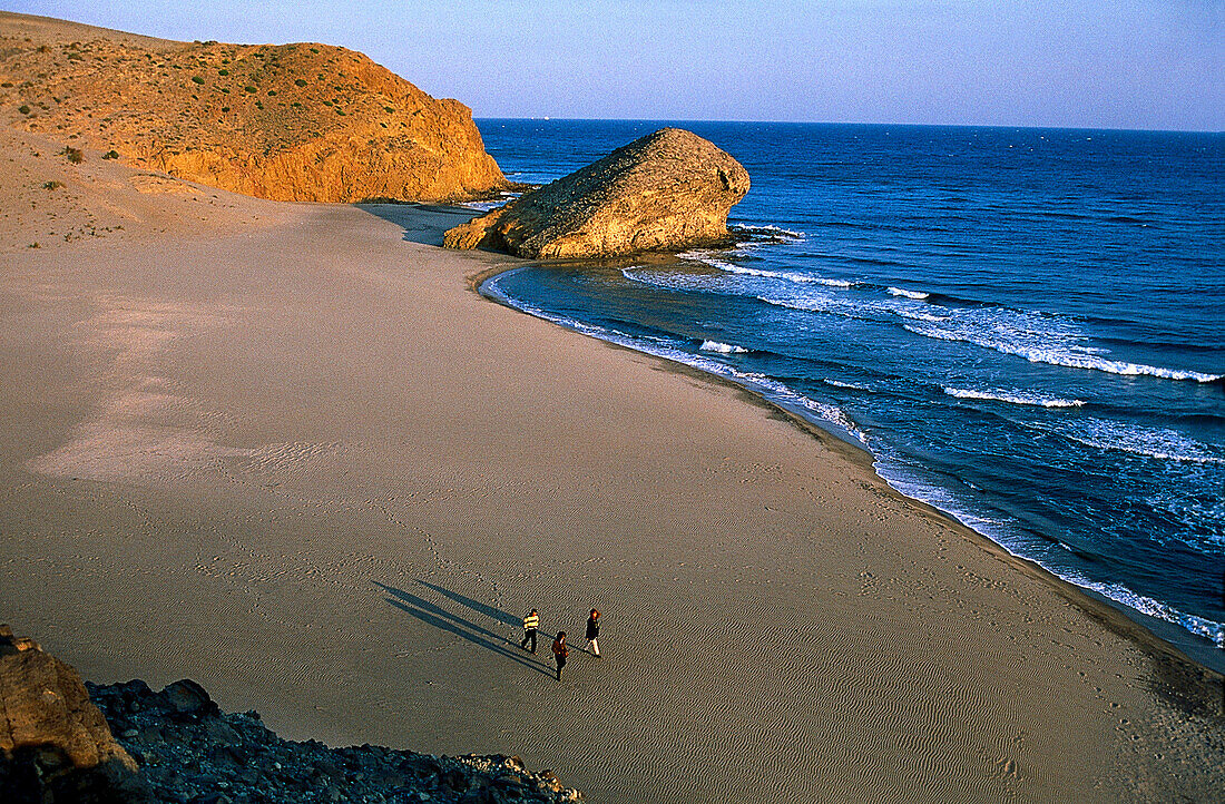 High angle view at people on the beach, Playa del Monsul, Cabo de Gata, Province of Almeria, Andalusia, Spain, Europe