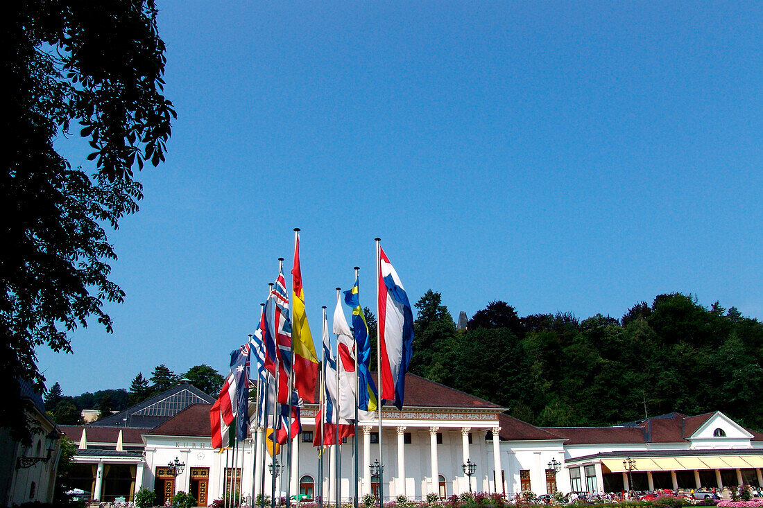 Flags in front of the spa hotel and casino, Baden-Baden, Baden-Wuerttemberg, Germany, Europe
