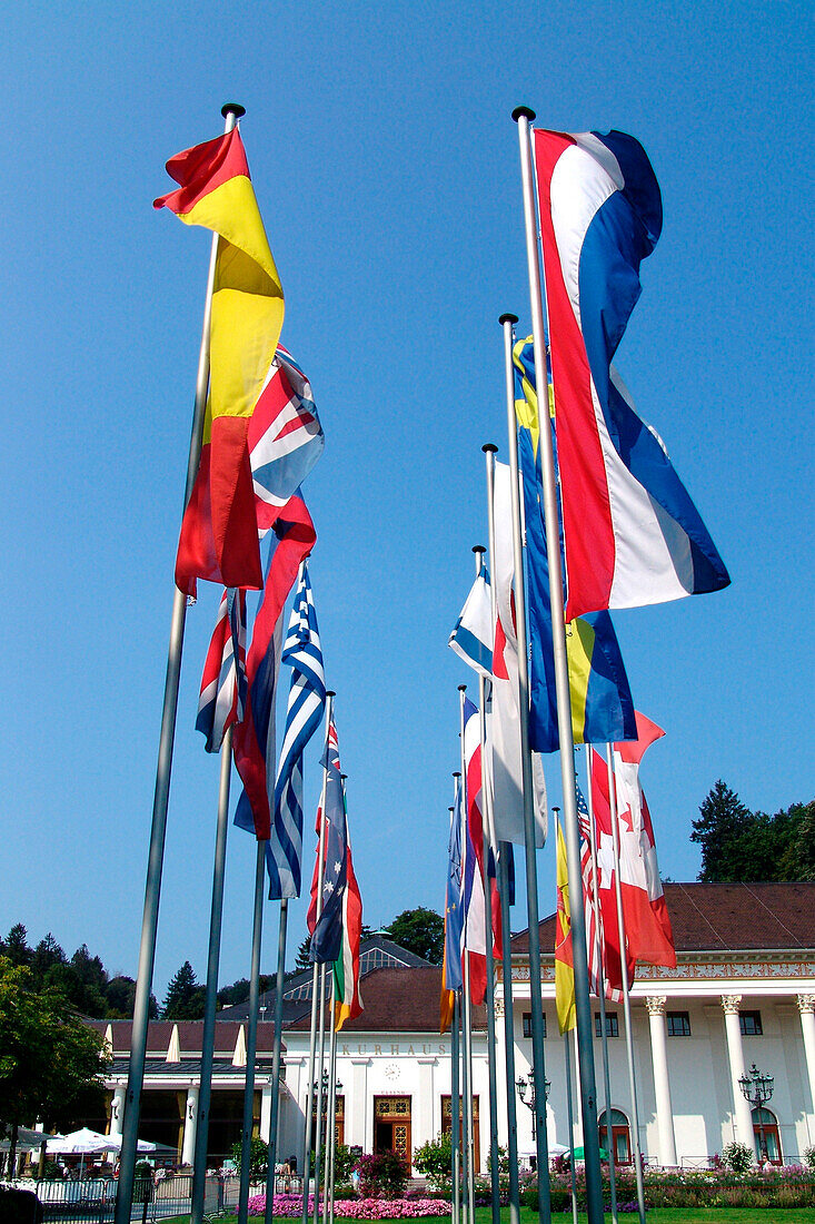 Flags in front of the spa hotel and casino, Baden-Baden, Baden-Wuerttemberg, Germany, Europe