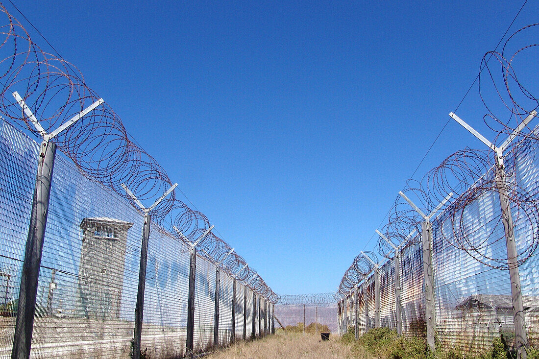 Barbed wire fence on Robben Island, former prison, Cape Town, South Africa, Africa