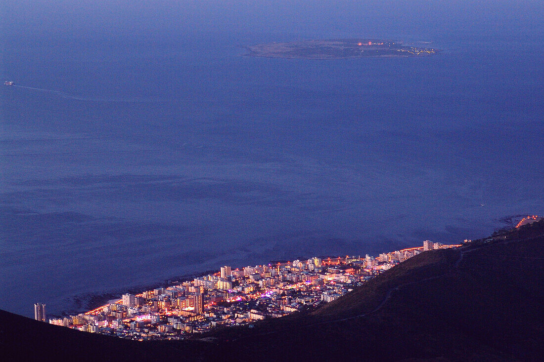 Cape Town and Robben Island at night, South Africa, Africa