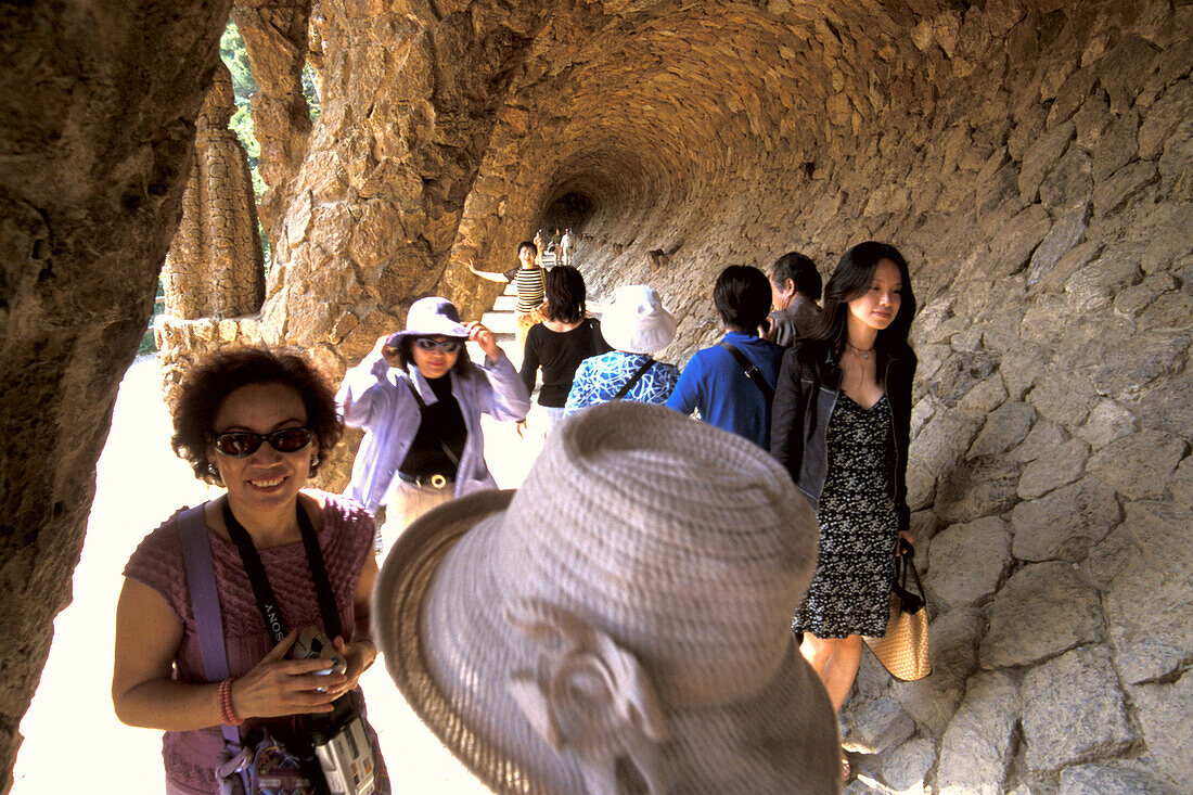 Japanese tourists at Park Guell, Barcelona, Spain, Europe