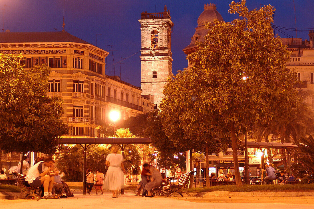 People on a square in the evening, Valencia, Spain, Europe