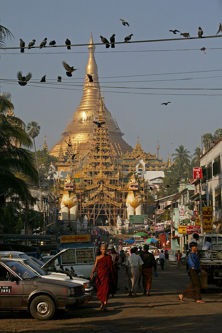 Shwedagon Pagoda, Burma, Myanmar, from the street outside