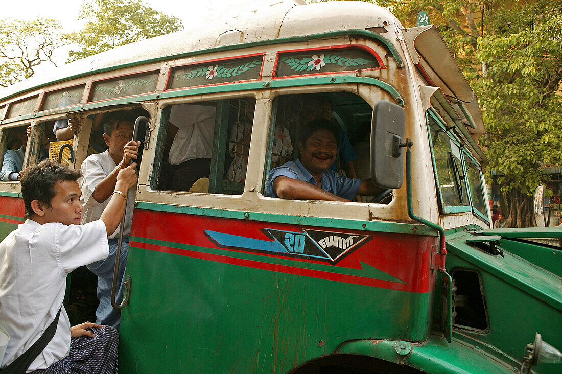Crowded city bus, Yangon, public transport, city bus in Yangon