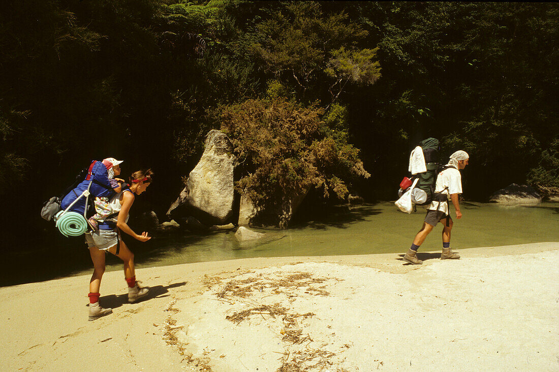 Trampers, Abel Tasman coastal walk, NZ, Backpacker family, trampers on the Abel Tasman Coastal Track, one of NZ's Great Walks, golden sand, turquoise water, popular walking, and sea kayaking, Abel Tasman National Park, in the north-west, South Island, wan