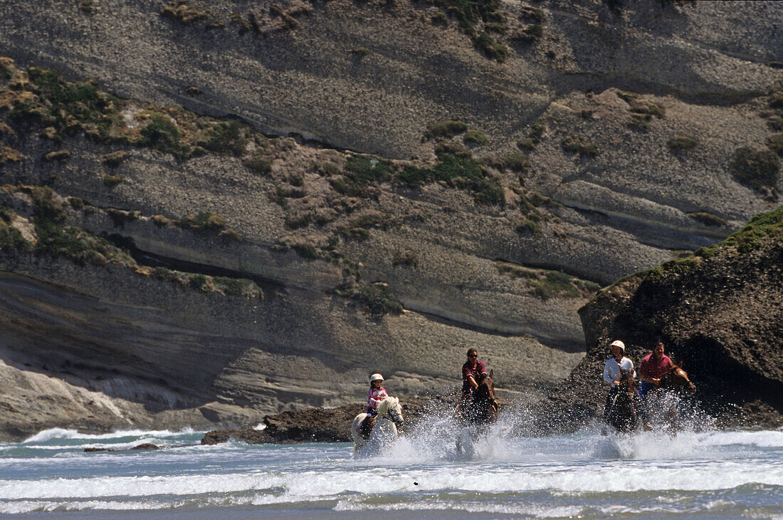 Menschen reiten vor Klippen am Wharariki Beach, Neuseeland, Ozeanien