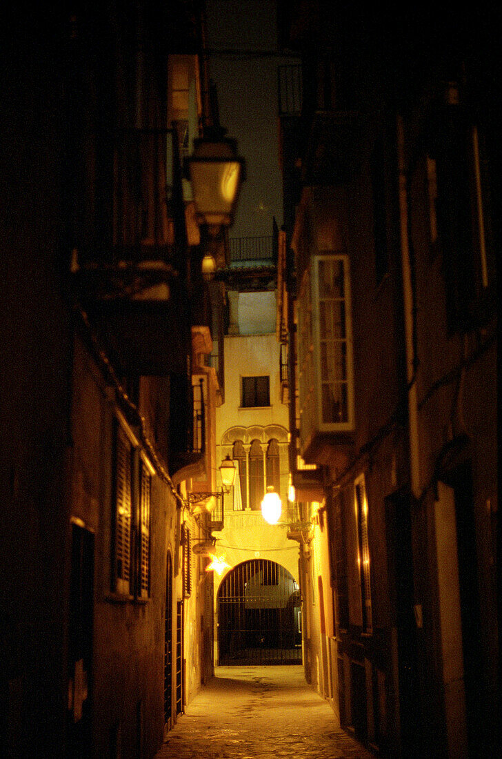 Beleuchtete Gasse bei Nacht, Palma de Mallorca, Mallorca, Spanien, Europa