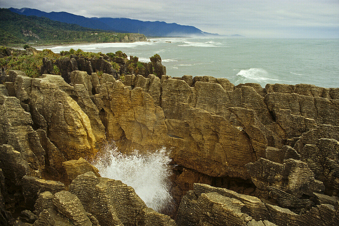 Blick auf Felsformation an der Küste, Pancake Rocks, Paparoa Nationalpark, Punakaiki, Neuseeland, Ozeanien