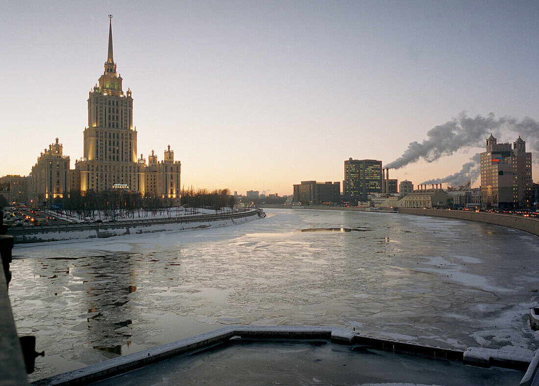 Frozen river Moskva and russian architecture, Moscow, Russia