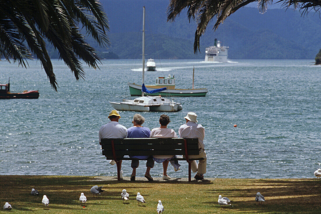 Tourists sitting on bench Picton waterfront, tourists watch Cook Strait Ferry departing in the distance, at Picton in the north of the South Island