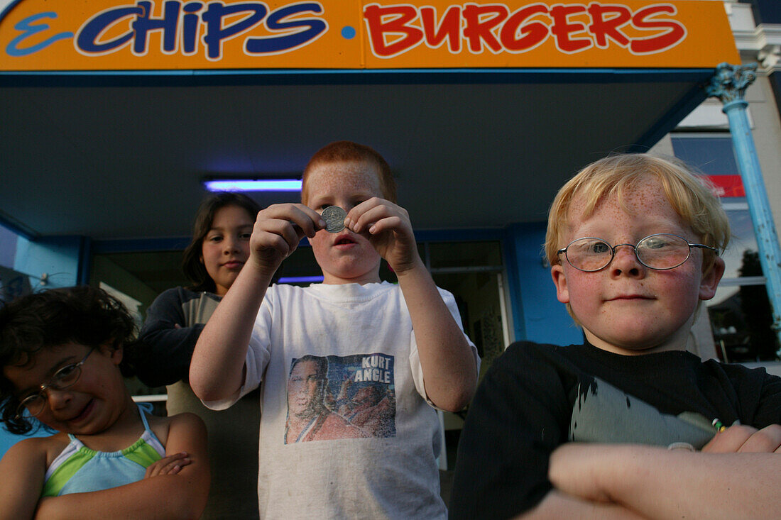 Kids, Lyttelton, Banks Peninsula, Family, fish and chip shop, London Street, South Island