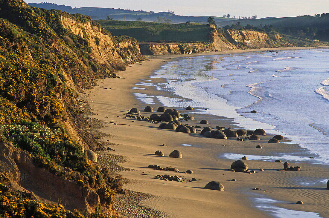 Blick auf Moeraki Felsbrocken am Strand, Südinsel, Neuseeland, Ozeanien