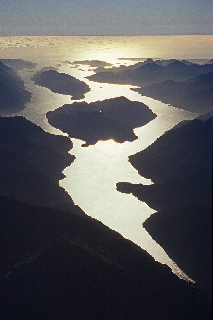 Aerial view of Dusky Sound fiord at Fiordland National Park, West Coast, South Island, New Zealand, Oceania