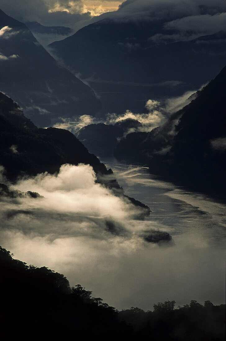 View from Wilmot Pass onto Doubtful Sound fiord in the fog, Fiordland National Park, West Coast, South Island, New Zealand, Oceania