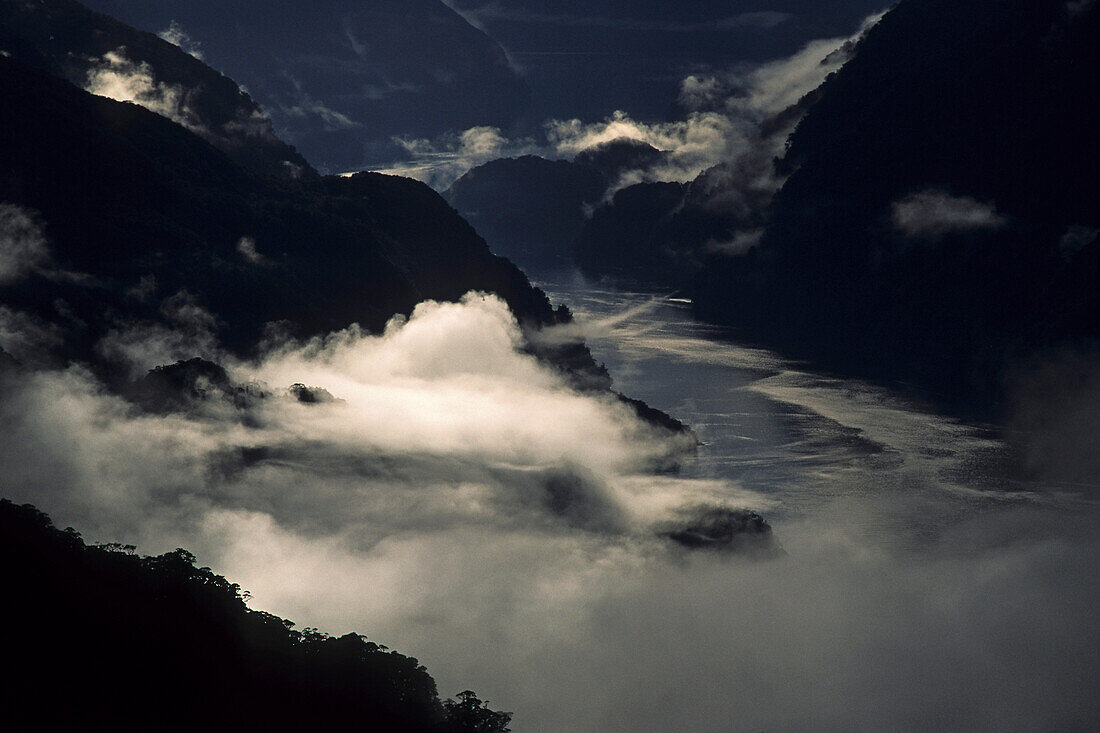 View from Wilmot Pass onto Doubtful Sound fiord in the fog, Fiordland National Park, West Coast, South Island, New Zealand, Oceania