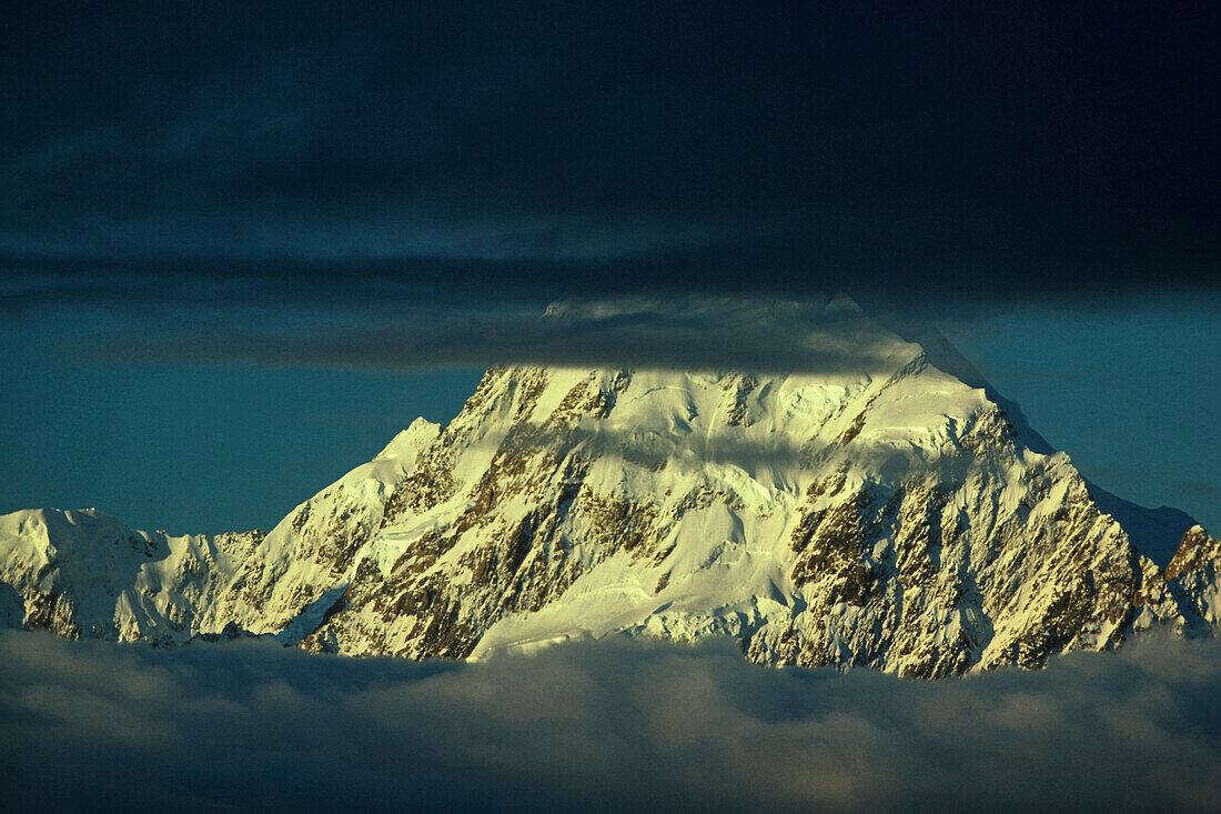 Aoraki mountain or Mount Cook between clouds, Mount Cook National Park, South Alps, South Island, New Zealand, New Zealand, Oceania