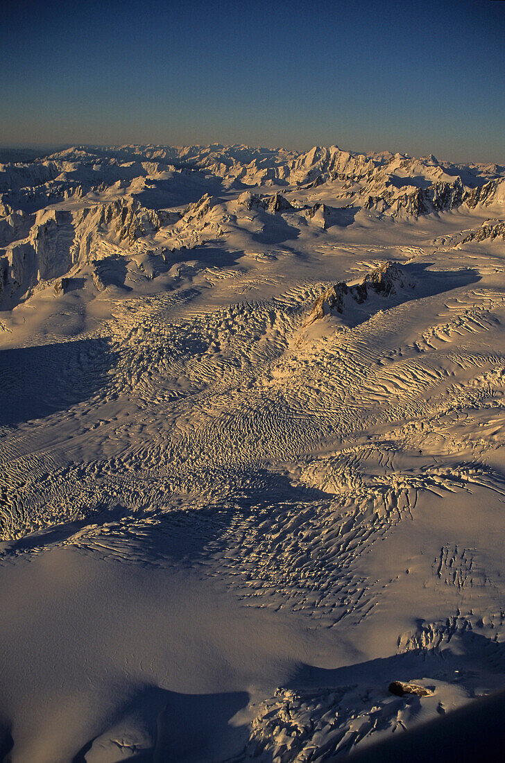 Aerial view of snowfields, glacier landscape, Southern Alps, Westland National Park, South Island, New Zealand