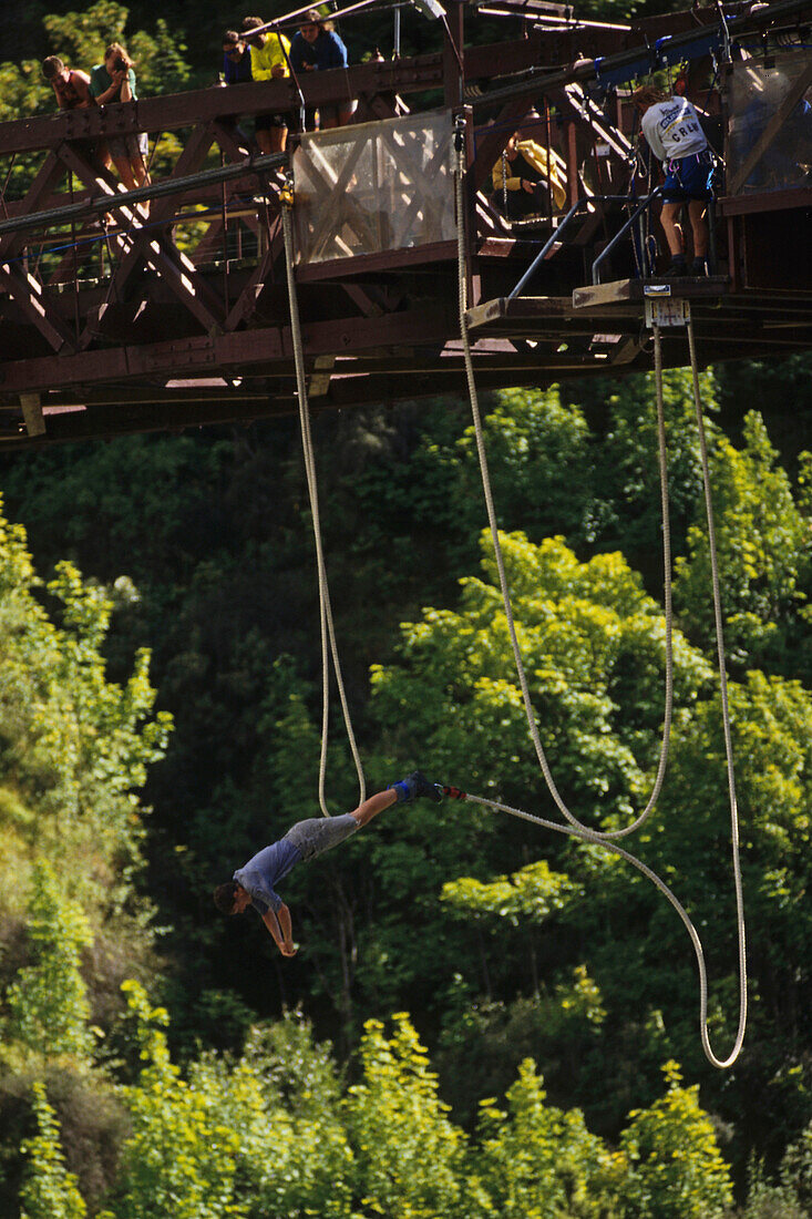 People Bungee jumping from Kawarau suspension bridge, Queenstown, Otago, South Island, New Zealand, Oceania