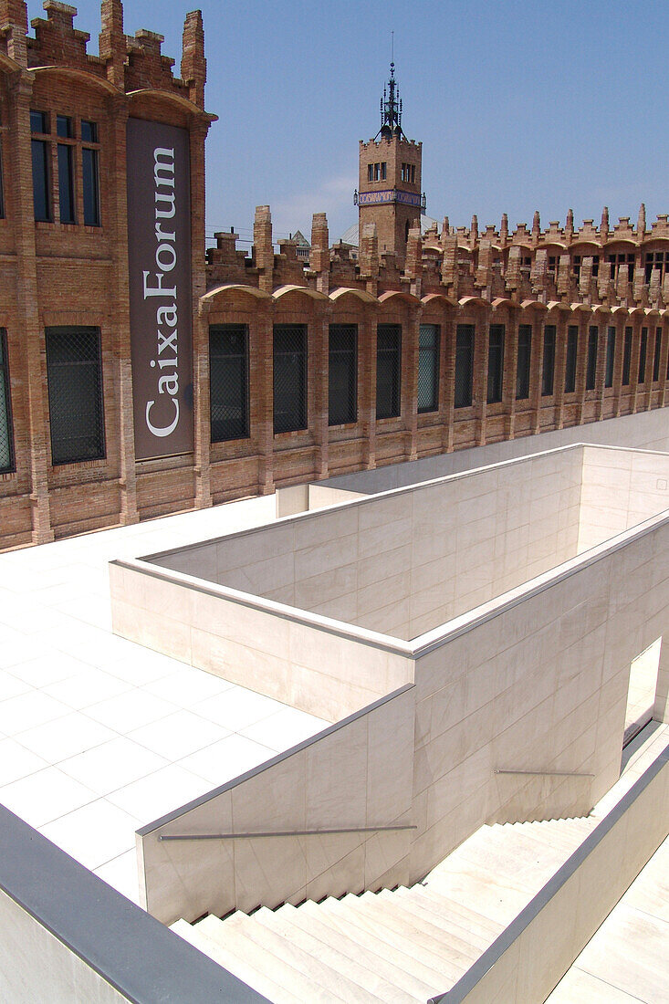 White stairway in front of Caixa Forum, Barcelona, Spain, Europe